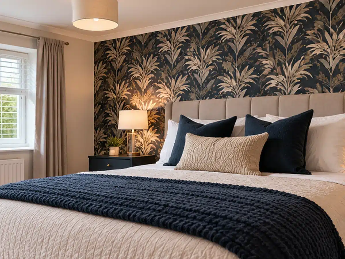 Beautifully decorated bedroom with patterned feature wallpaper and a coordinated interior